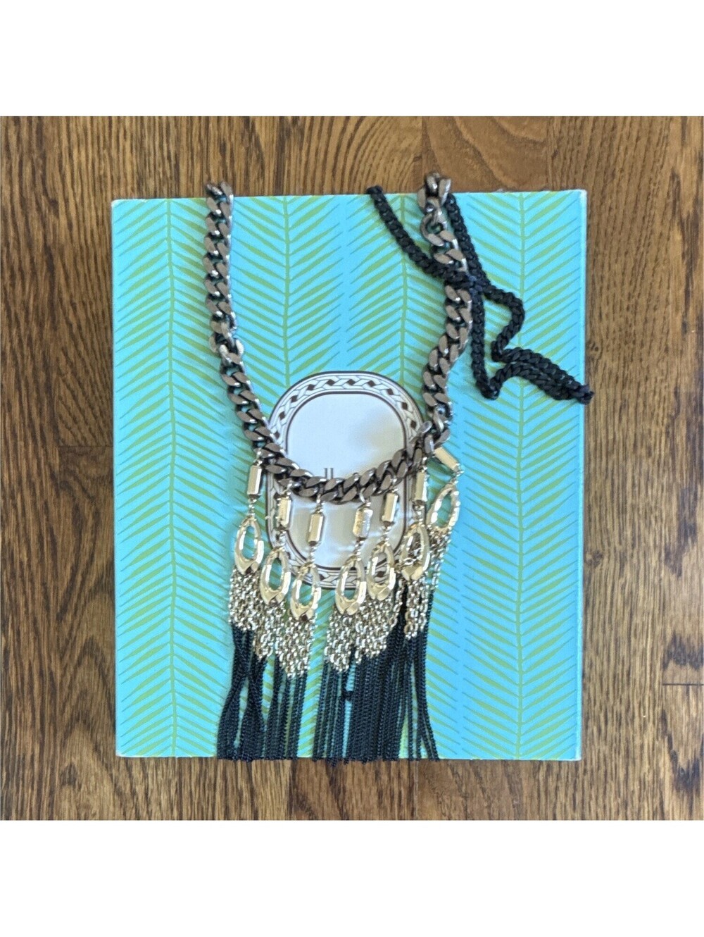 Stella & Dot Signed Gold/Black Tassel Fringe Statement Necklace Curb Link